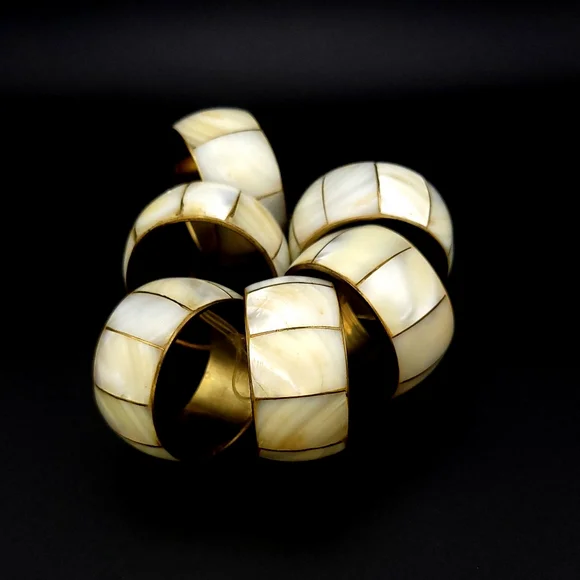 Vintage Brass Mother of Pearl Inlay Retro Dining Napkin Rings Set of 6 - Picture 2 of 6